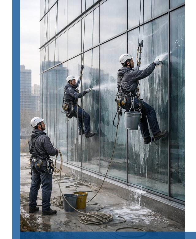 Промышленная мойка панорамных окон на высоте в Рубцовске