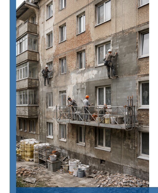 Капитальный ремонт фасада в Рубцовске с восстановлением и гидроизоляцией