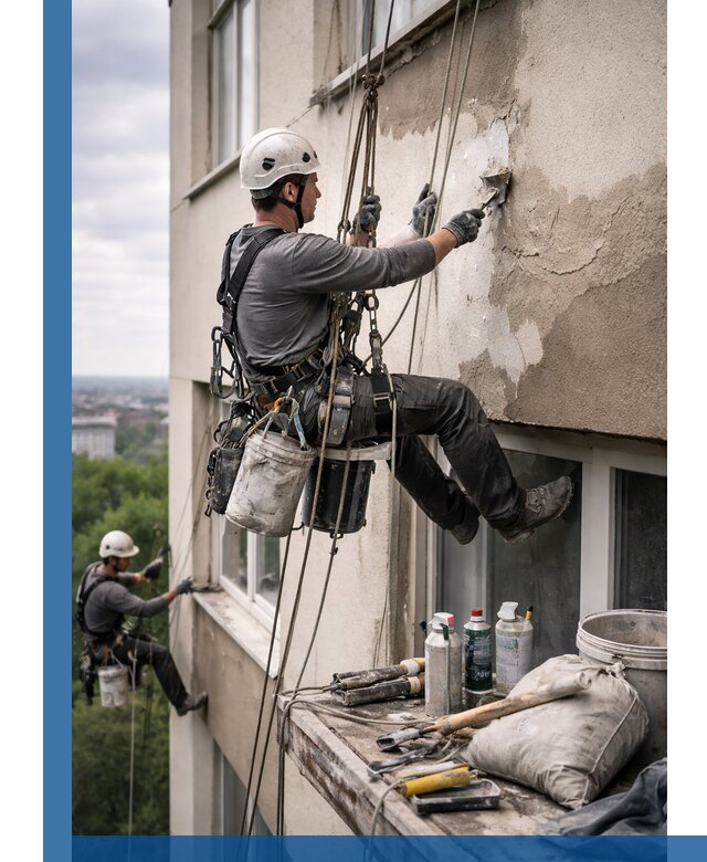 Косметический ремонт фасада зданий в Рубцовске промышленными альпинистами