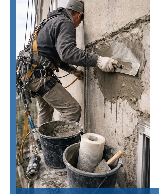 Ремонт бетонных элементов фасада промышленными альпинистами в Рубцовске