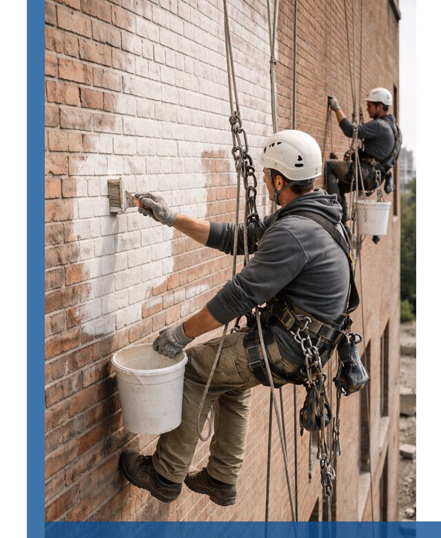 Покраска кирпичного фасада с доступным альпинистским сервисом в Рубцовске