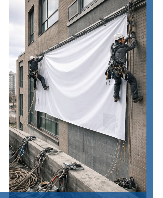 Монтаж баннеров на фасаде в Рубцовске от 657 р. заказать ВЫСОТНИК-Рбц