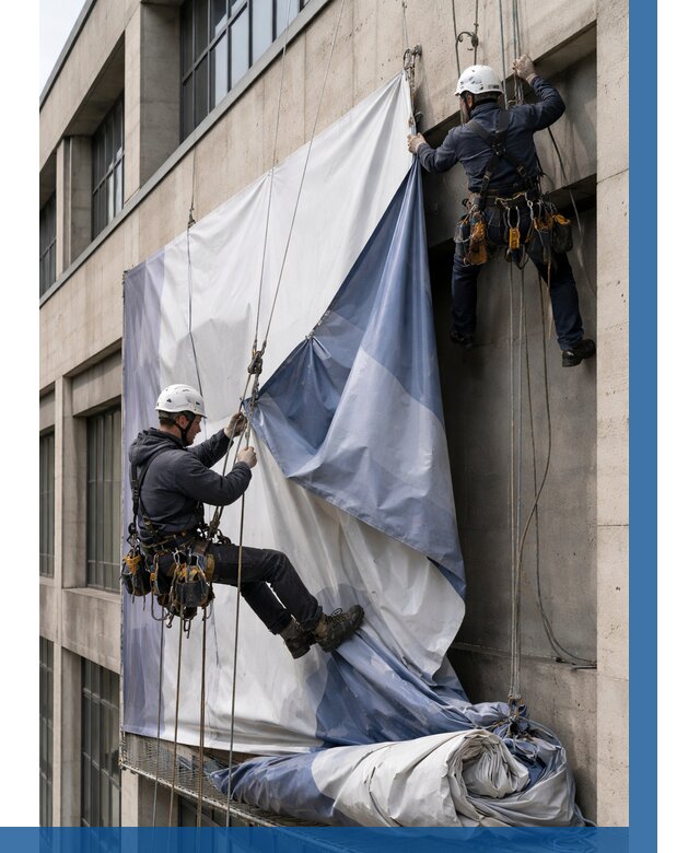 Демонтаж баннеров с фасада в Рубцовске от 4551 р. | ВЫСОТНИК-Рбц