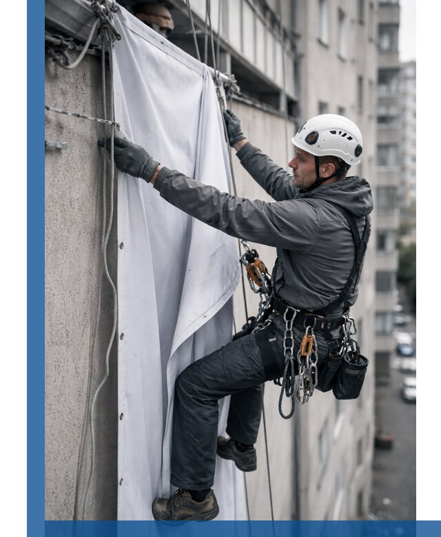 Замена баннерного полотна промышленными альпинистами в Рубцовске