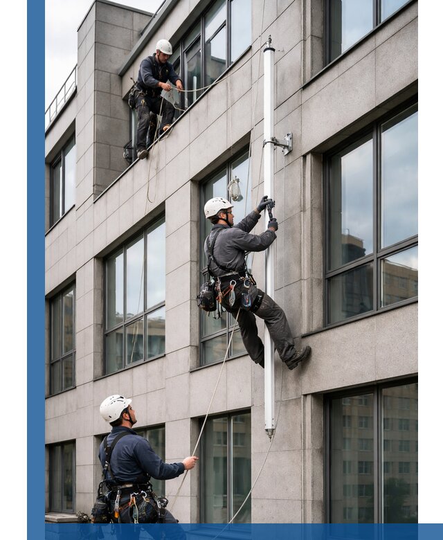 Монтаж флагштока на фасаде здания с креплением и герметикой в Рубцовске