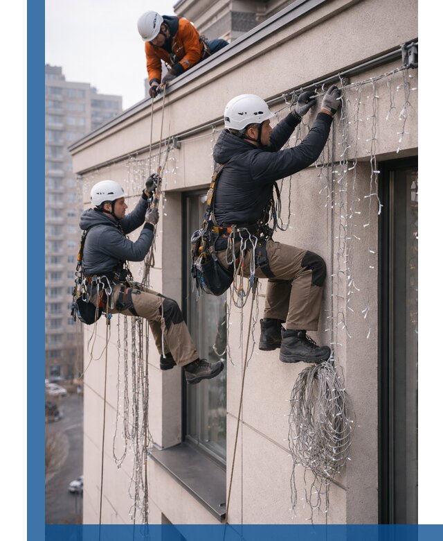 Монтаж праздничных гирлянд на фасаде в Рубцовске для зданий