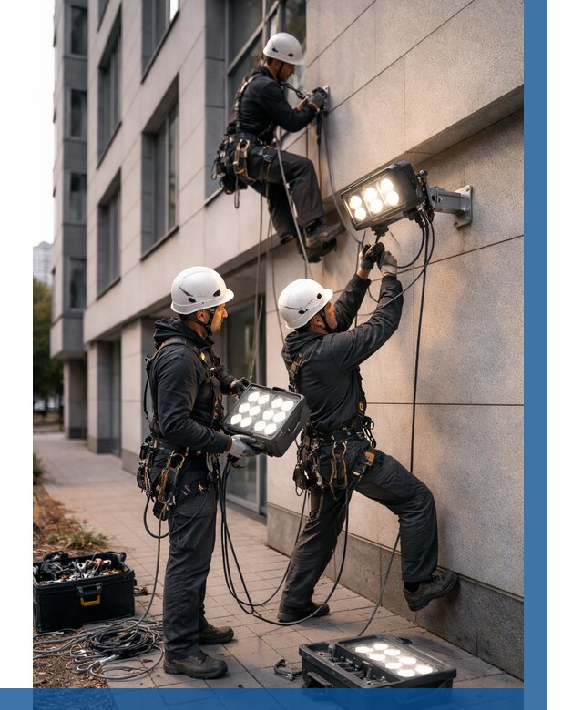 Монтаж прожекторов на фасаде в Рубцовске от 7585 р. | ВЫСОТНИК-Рбц