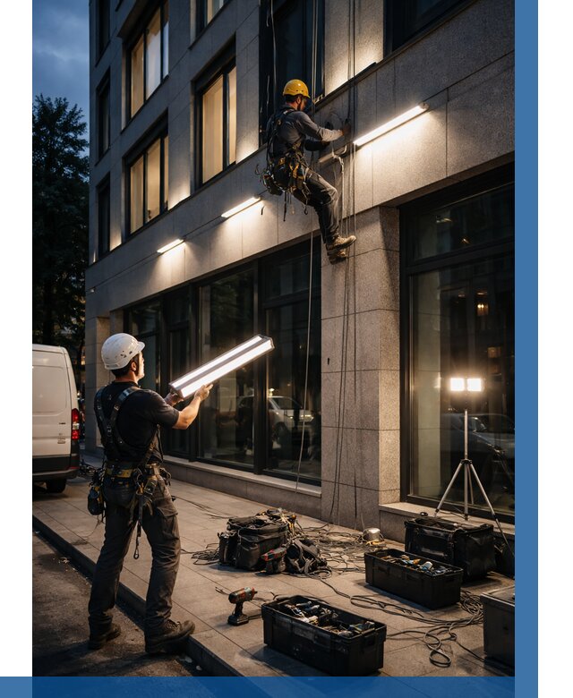 Монтаж архитектурной подсветки здания в Рубцовске от 2528 р.|ВЫСОТНИК-Рбц