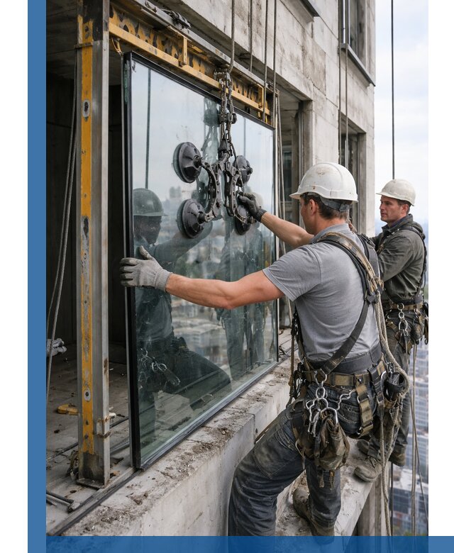 Монтаж стеклопакетов на высоте в Рубцовске с промышленным альпинизмом