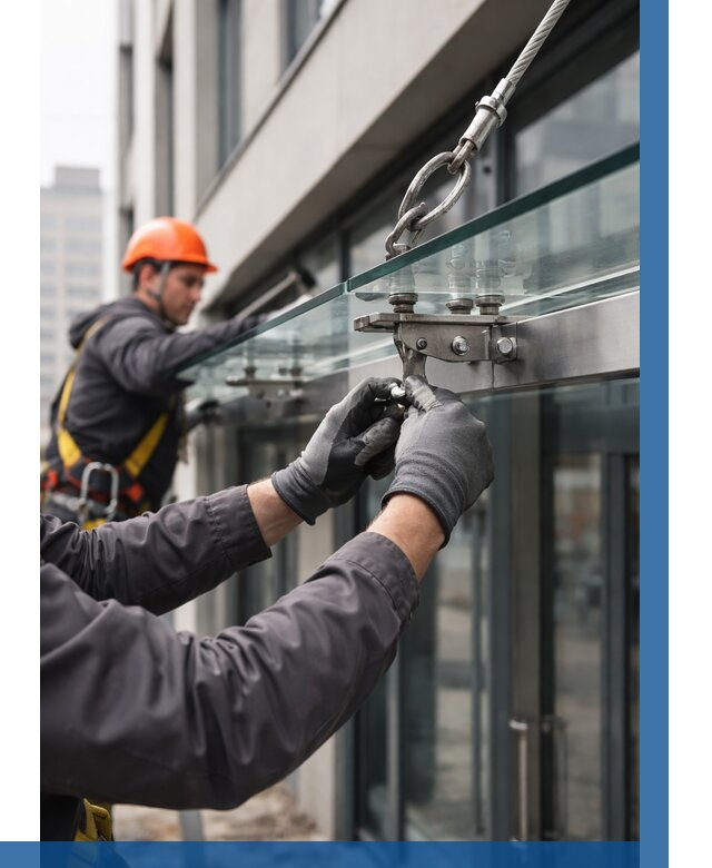 Монтаж стеклянных козырьков в Рубцовске от 8596 р. | ВЫСОТНИК-Рбц