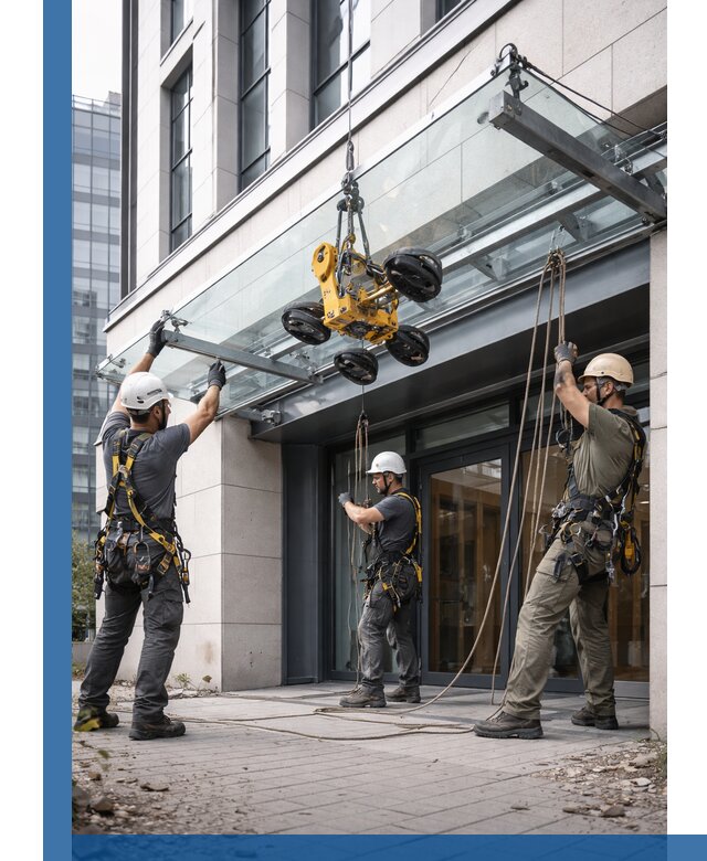 Монтаж стеклянных козырьков под ключ в Рубцовске для зданий