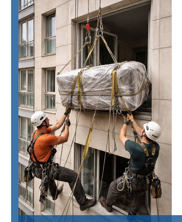 Подъем грузов через окно в Рубцовске промышленными альпинистами