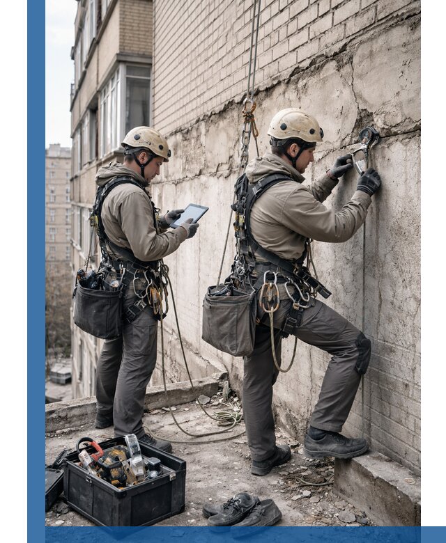 Обследование фасада промышленными альпинистами в Рубцовске